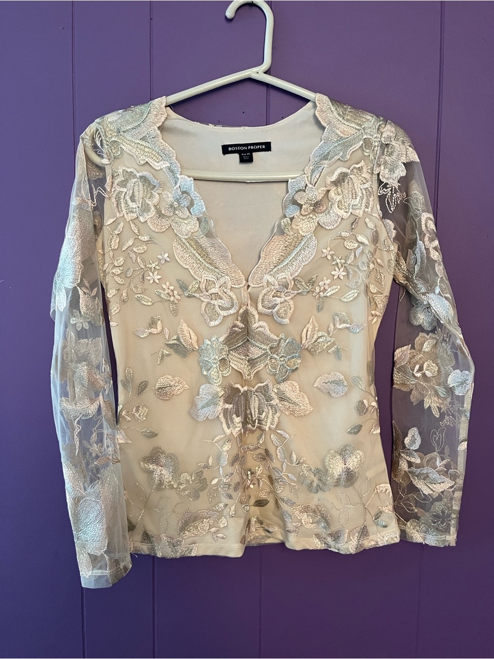 Boston Proper Cream Lace Embroidered V-Neck Blouse XS